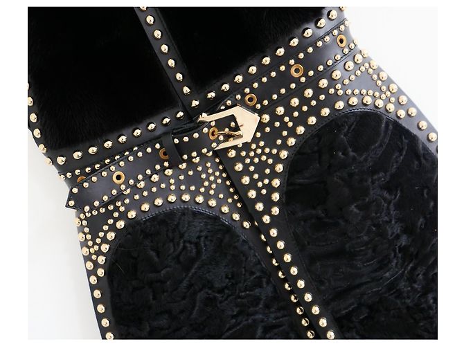 Colete sem mangas de couro com studs, vison e astracã Givenchy Pré-Fall 2015 Preto - vista 5