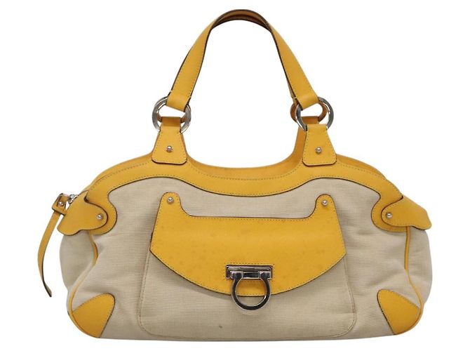 Bolso de mano Gancini de lona amarilla y plata de Salvatore Ferragamo Auth 128676 Amarillo - vista 2