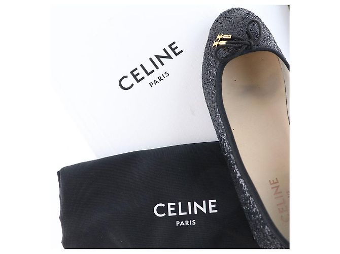 Céline CELINE - Ballerine in pelle nera Celine Triomphe con glitter (T39) Nero - vista 13