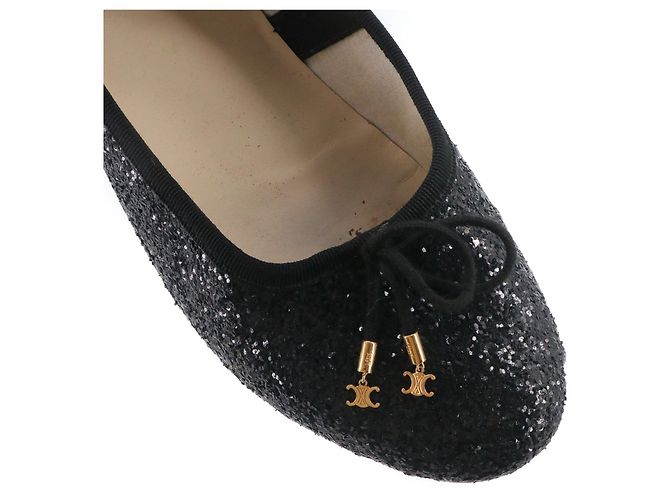 Céline CELINE - Ballerine in pelle nera Celine Triomphe con glitter (T39) Nero - vista 3