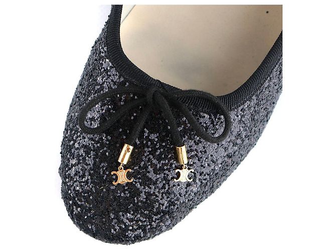 Céline CELINE - Ballerine in pelle nera Celine Triomphe con glitter (T39) Nero - vista 5
