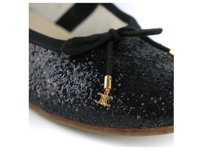 Céline CELINE - Ballerine in pelle nera Celine Triomphe con glitter (T39) Nero - vista 6