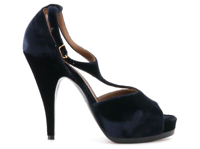 HERMÈS - Sandali con tacco Hermès in velluto blu navy (T37,5) - vista 2
