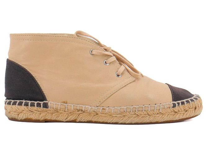 CHANEL - Espadrillas con lacci Chanel in pelle beige e tela nera (T37) - vista 2