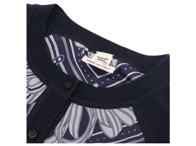 HERMÈS - Hermès Les Rubans du Cheval Cardigan aus marineblauer Seide und Kaschmir (Größe 34) - Ansicht 3