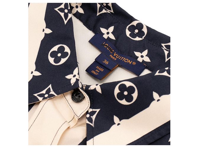 LOUIS VUITTON - Camicia da pigiama Monogram Louis Vuitton in seta blu navy e bianca (T36) - vista 3