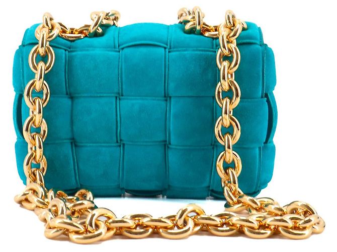 BOTTEGA VENETA - Borsa a spalla Chain Cassette in suede blu turchese - vista 3