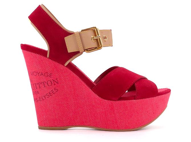 LOUIS VUITTON - Sandali con zeppa Louis Vuitton in denim rosso e suede (taglia 37,5) - vista 2