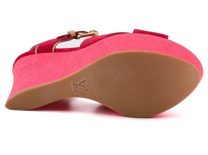 LOUIS VUITTON - Sandali con zeppa Louis Vuitton in denim rosso e suede (taglia 37,5) - vista 3