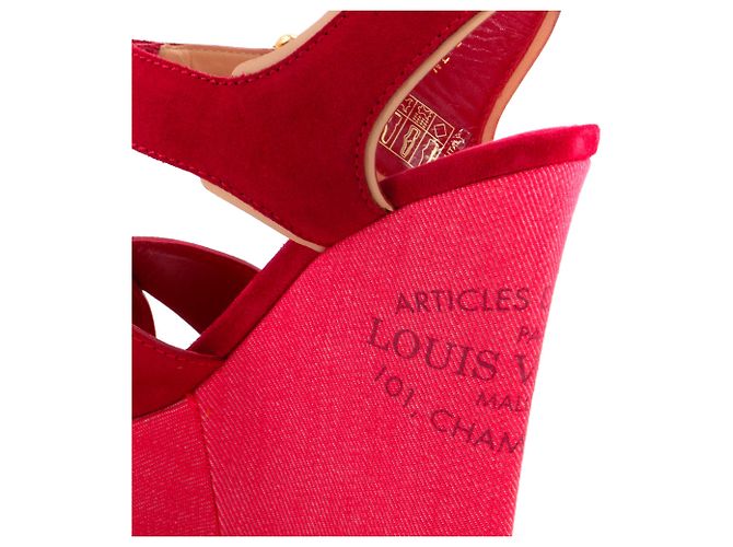 LOUIS VUITTON - Sandali con zeppa Louis Vuitton in denim rosso e suede (taglia 37,5) - vista 5