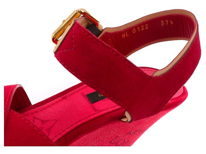 LOUIS VUITTON - Sandali con zeppa Louis Vuitton in denim rosso e suede (taglia 37,5) - vista 7