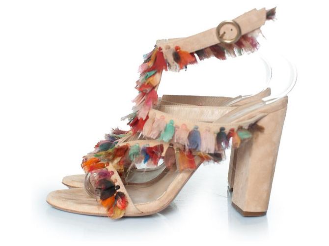 Chloé, Sandali con tacco a blocco Liz in seta con frange Marrone Multicolore - vista 2