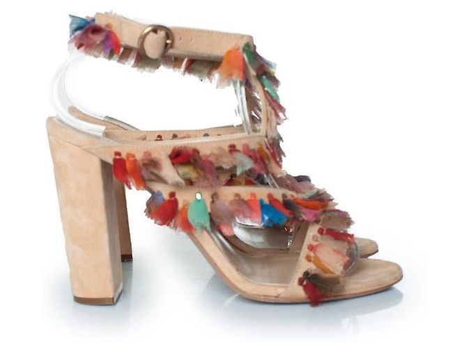 Chloé, Sandali con tacco a blocco Liz in seta con frange Marrone Multicolore - vista 4