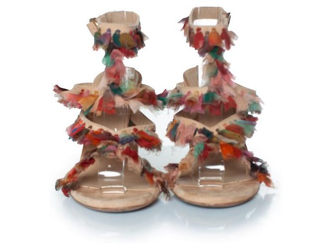 Chloé, Sandali con tacco a blocco Liz in seta con frange Marrone Multicolore - vista 5
