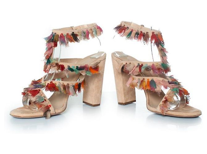 Chloé, Sandali con tacco a blocco Liz in seta con frange Marrone Multicolore - vista 6