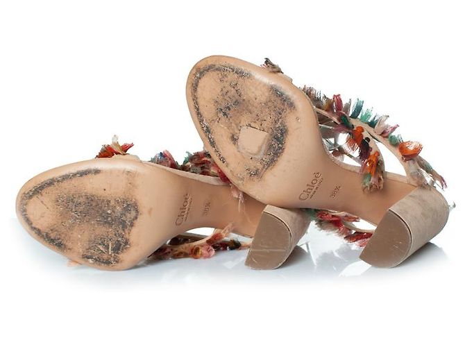 Chloé, Sandali con tacco a blocco Liz in seta con frange Marrone Multicolore - vista 7