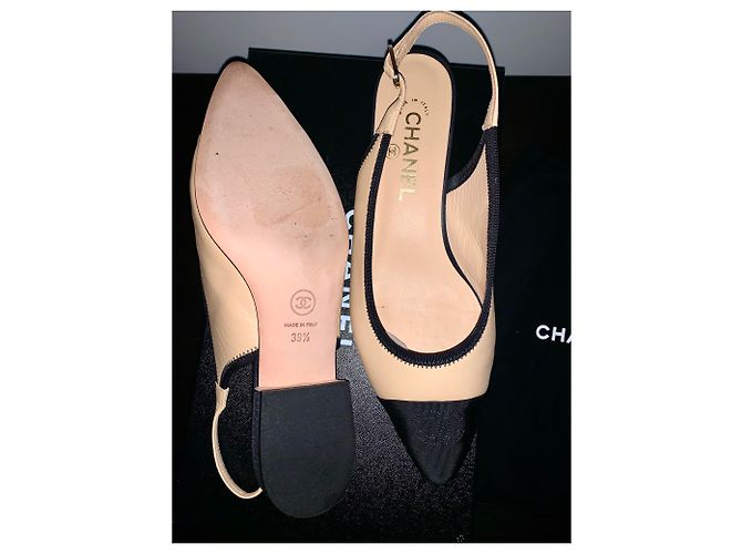 Chanel Slingback Tacón Pequeño Negro Beige Cuero y Tela 39.5 - vista 9