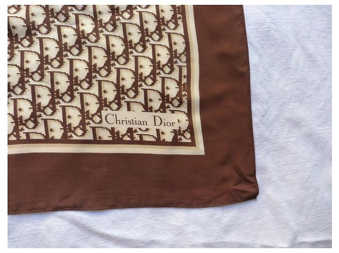 Dior Monogram Silk Chiffon Square Scarf Brown Beige - view 2