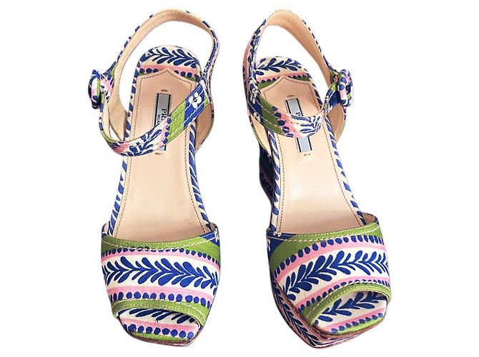 Sandali con zeppa vintage Prada – Stampa floreale – Inizio anni 2000 – EU 37 / US 6.5 Rosa Bianco Blu - vista 2