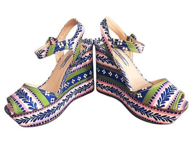 Sandali con zeppa vintage Prada – Stampa floreale – Inizio anni 2000 – EU 37 / US 6.5 Rosa Bianco Blu - vista 3