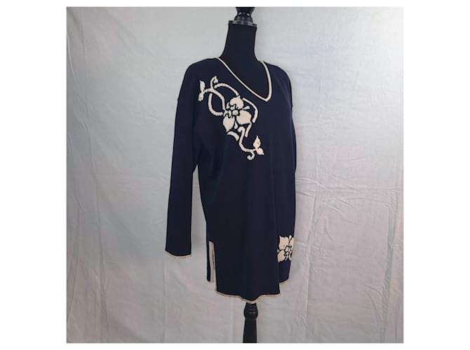 Escada blauer Wollpullover aus den 80ern mit Blumenmuster - Ansicht 5