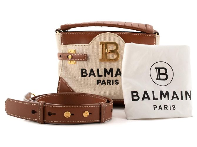 BALMAIN - Bandolera B-Buzz 22 Balmain en lona beige y cuero marrón - vista 10
