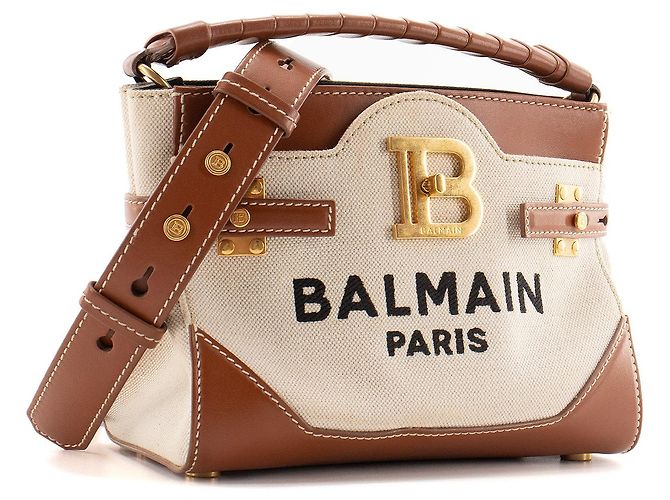 BALMAIN - Bandolera B-Buzz 22 Balmain en lona beige y cuero marrón - vista 2