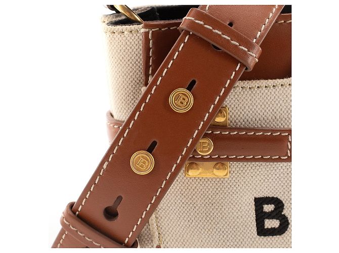 BALMAIN - Bandolera B-Buzz 22 Balmain en lona beige y cuero marrón - vista 7