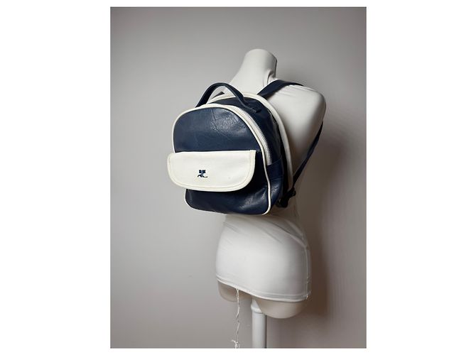 Vintage Courreges Paris Leder Rucksack navy und weiß - Ansicht 14