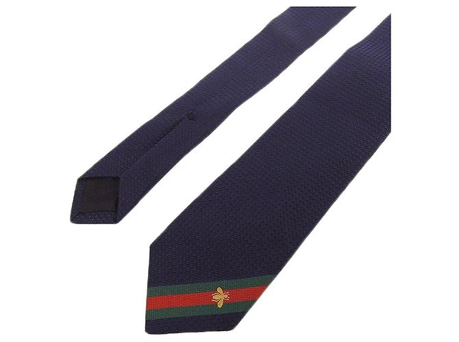 Cravatta stretta in seta Gucci blu navy con ape - vista 3