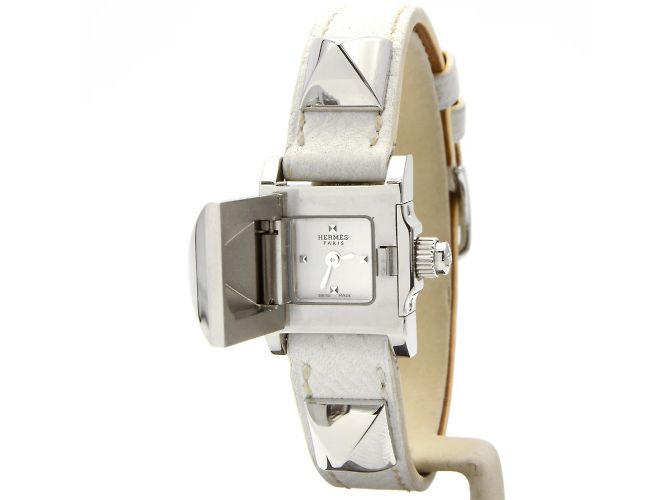 Relógio Hermès Médor em aço com pulseira de couro branca Prata - vista 2
