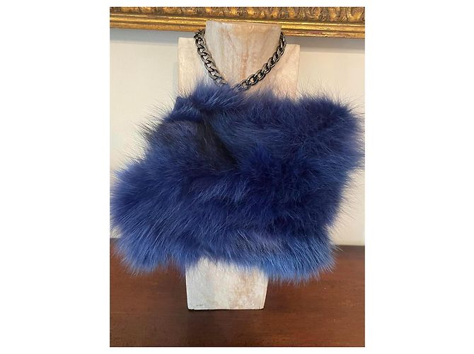 Autre Marque Clutch in pelliccia di VOLPE blu fiordaliso e pelle nuova Blu chiaro - vista 11