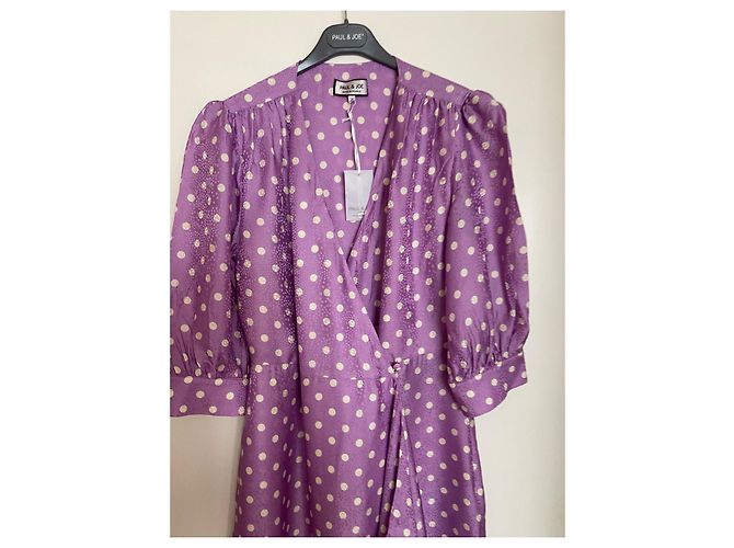 Vestido envelope Paul & Joe de bolinhas em viscose e seda roxo - vista 8
