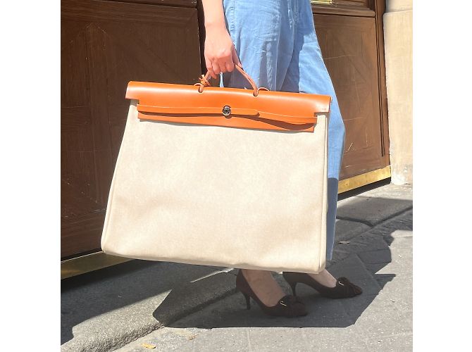 Herbag Borsa da viaggio Hermès in tela Criss Viking e pelle di mucca Hunter Beige - vista 10