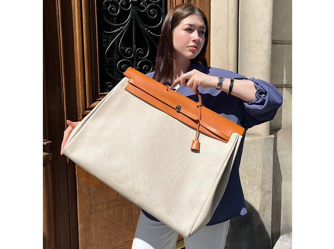 Herbag Borsa da viaggio Hermès in tela Criss Viking e pelle di mucca Hunter Beige - vista 2