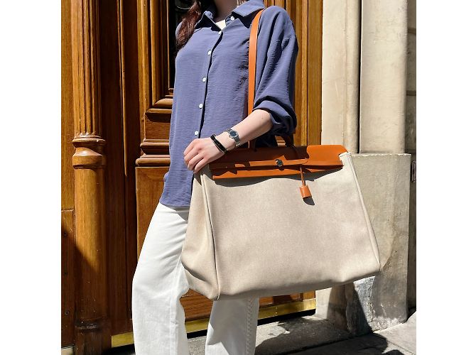 Herbag Borsa da viaggio Hermès in tela Criss Viking e pelle di mucca Hunter Beige - vista 3
