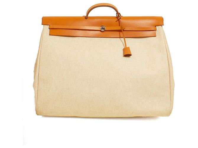 Herbag Borsa da viaggio Hermès in tela Criss Viking e pelle di mucca Hunter Beige - vista 4