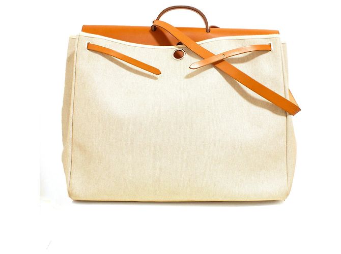 Herbag Borsa da viaggio Hermès in tela Criss Viking e pelle di mucca Hunter Beige - vista 5