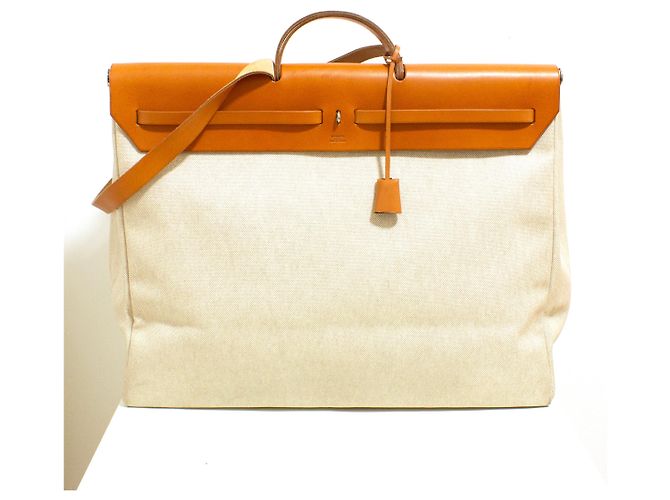 Herbag Borsa da viaggio Hermès in tela Criss Viking e pelle di mucca Hunter Beige - vista 6