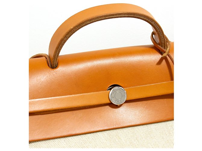 Herbag Borsa da viaggio Hermès in tela Criss Viking e pelle di mucca Hunter Beige - vista 7