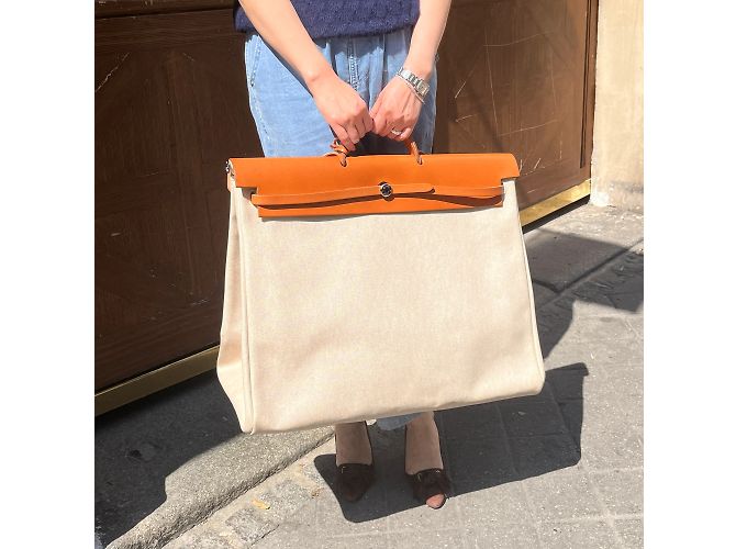 Herbag Borsa da viaggio Hermès in tela Criss Viking e pelle di mucca Hunter Beige - vista 9