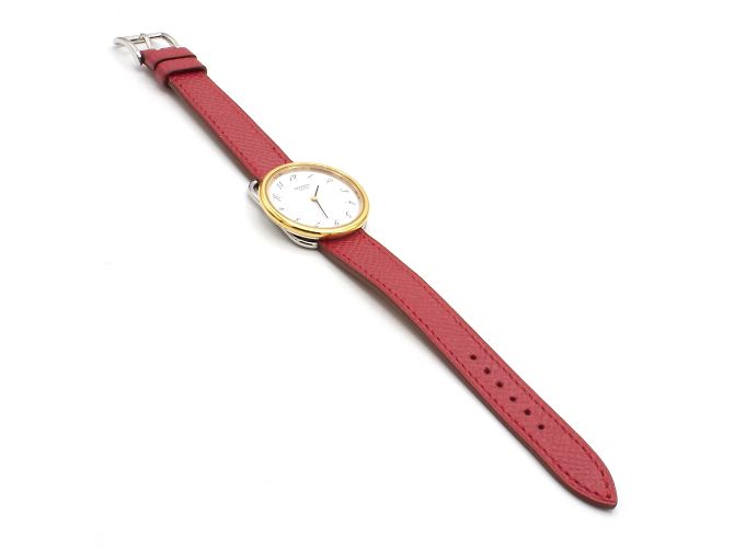 Relógio Hermès Arceau de aço e banhado a ouro com pulseira de couro vermelho Dourado - vista 2