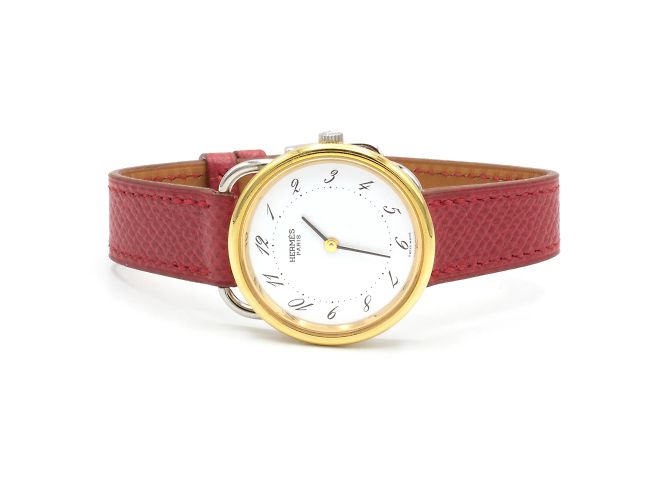 Relógio Hermès Arceau de aço e banhado a ouro com pulseira de couro vermelho Dourado - vista 3
