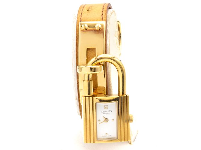 Reloj Hermès Kelly chapado en oro con correa de cuero de avestruz Dorado - vista 3