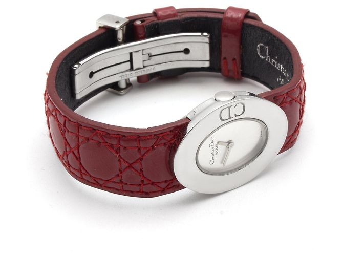 Dior Uhr Stahl Silbernes Zifferblatt Rotes Lederarmband - Ansicht 3