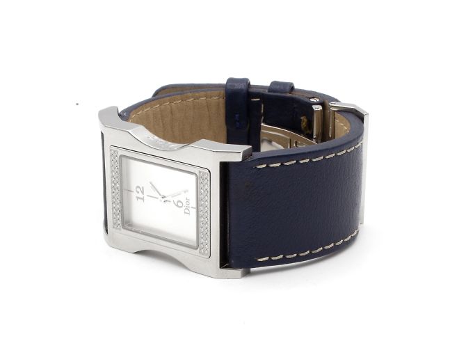 Relógio Dior Chris 47 em aço com diamantes e pulseira de couro azul Prata - vista 4