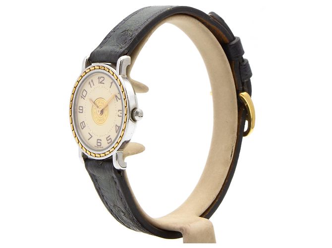 Relógio Hermès Sellier de aço e couro de avestruz Dourado - vista 3