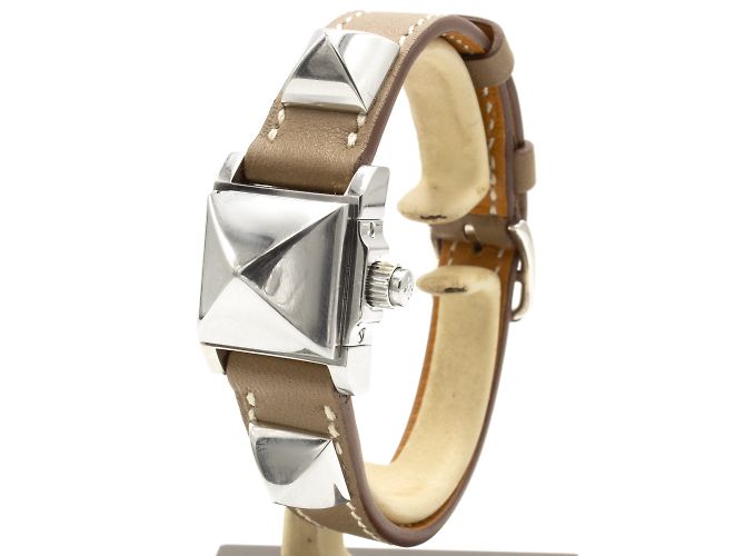 Reloj Hermès Médor de acero y correa de cuero Etoupe Plata - vista 3