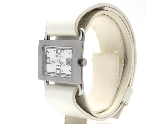 Hermès Barenia BA1.210 Uhr Silber Stahl Weißes Leder - Ansicht 2