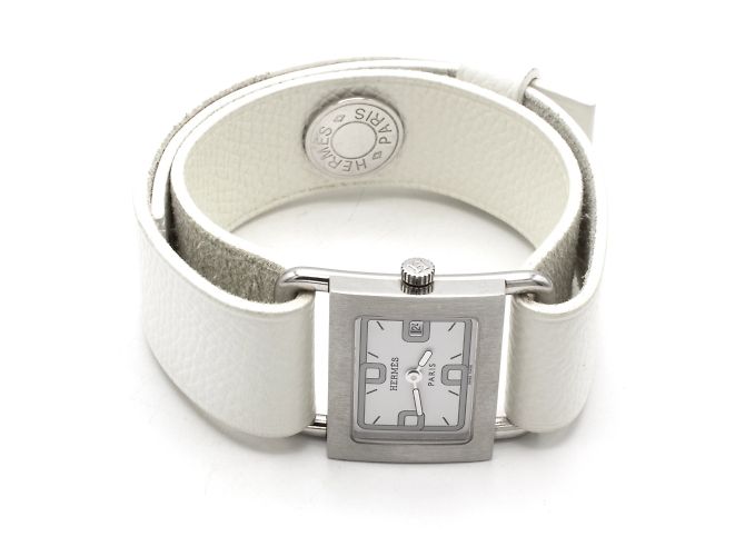 Hermès Barenia BA1.210 Uhr Silber Stahl Weißes Leder - Ansicht 3